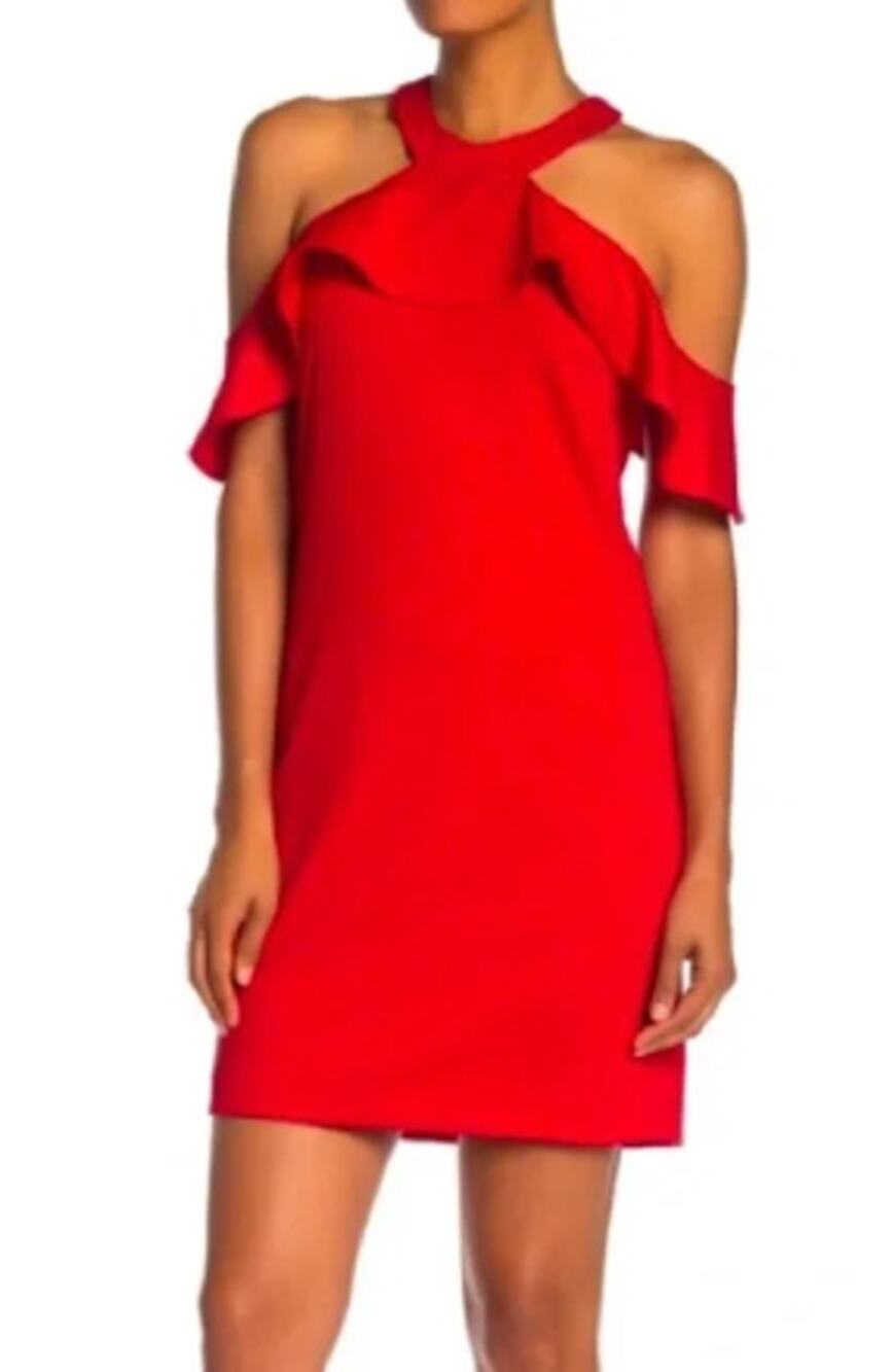 Trina Turk Lipstick Ruffle Halter Sheath Dress Women's 2 Red Cocktail Mini